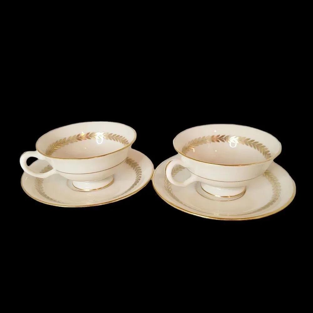 Vtg Set of 2 LENOX Imperial Ivory China Gold Laurel Trim Tea Cup Saucer‎ Green